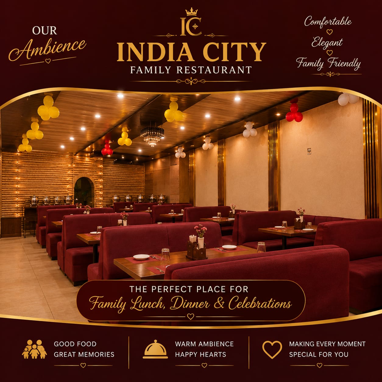 Warm restaurant interior with maroon walls, gold detailing and cushioned seating