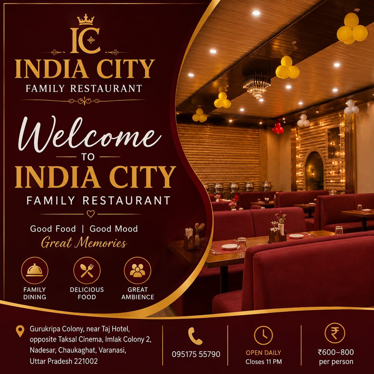 India City Family Restaurant welcome poster with address and timings