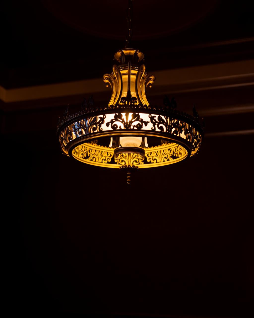 Ornate golden pendant lamp glowing in the dining room