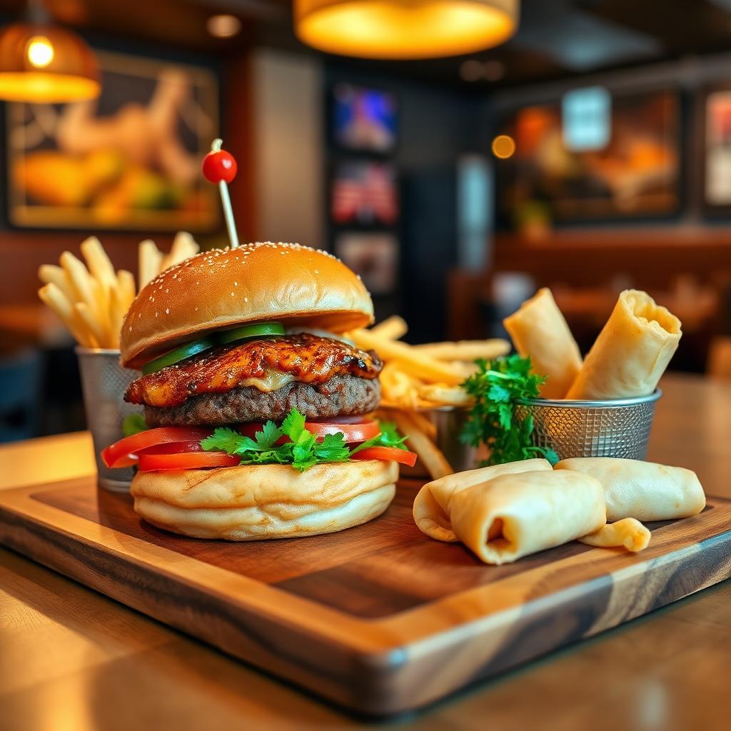 Burger, fries and spring rolls on a wooden board